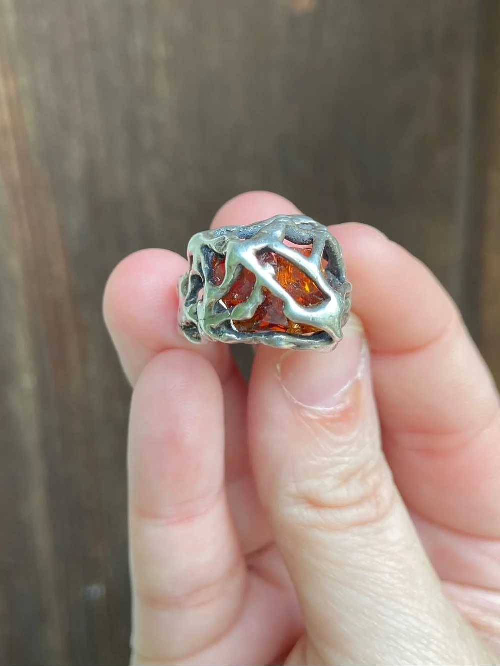 Sterling Silver Amber Brutalist Ring - Vintage